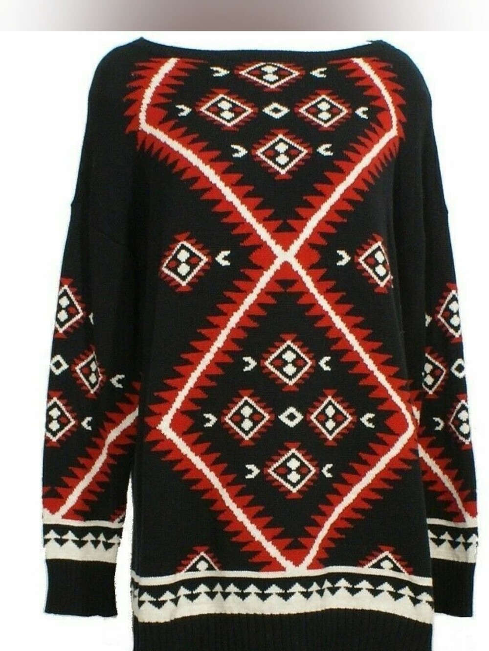 Ralph Lauren Black Aztec-Pattern Tunic Sweater w/ Red Accents Long Sleeves- L - Picture 12 of 15